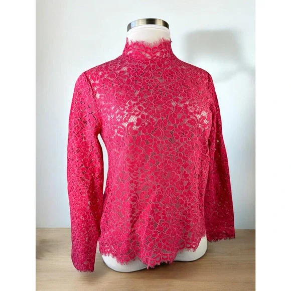 J. Crew Scalloped Lace Mock Neck Long Sleeve Sheer Top BN027 Pink Women's Size 6 - Picture 2 of 16